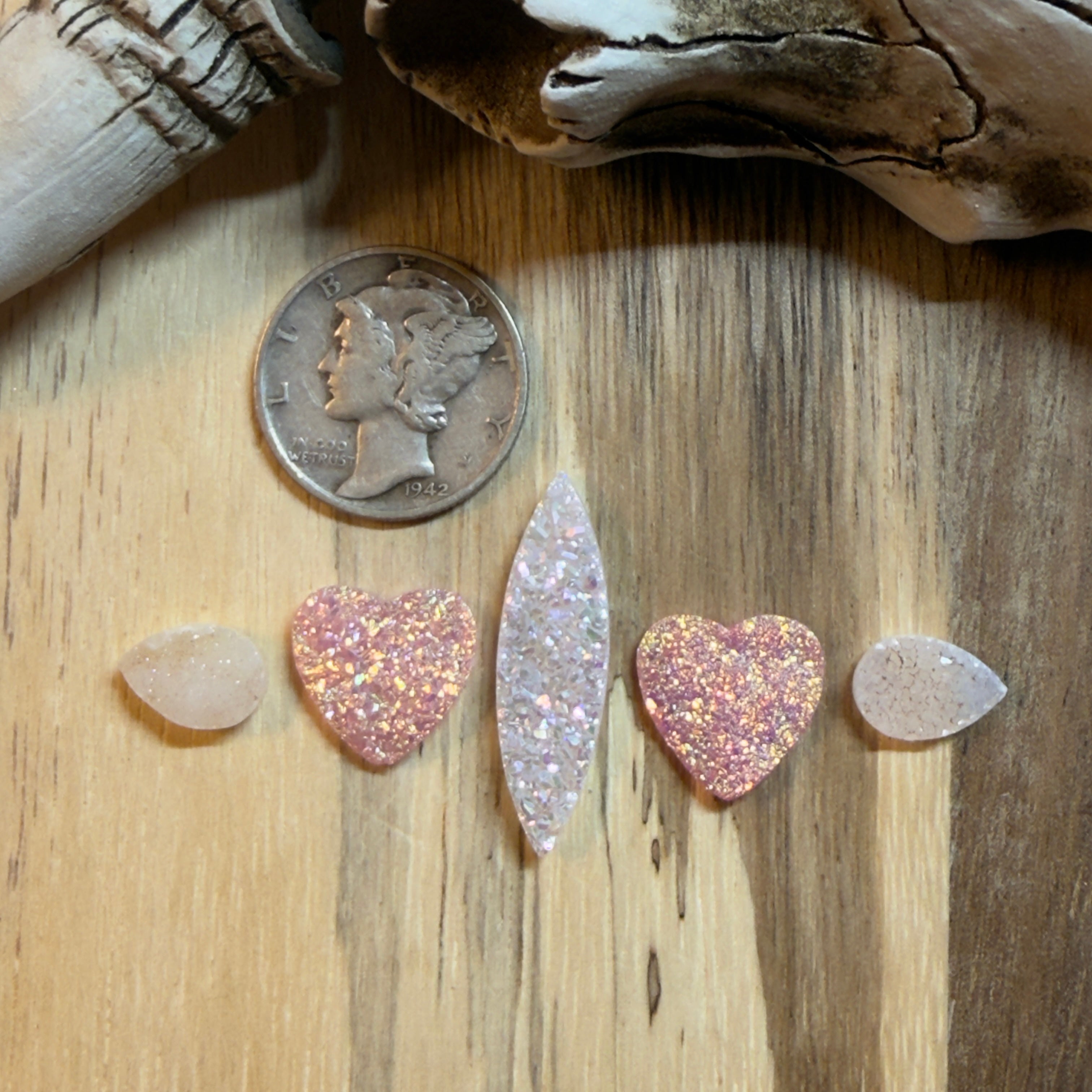 Pink/White Druzy Heart Set