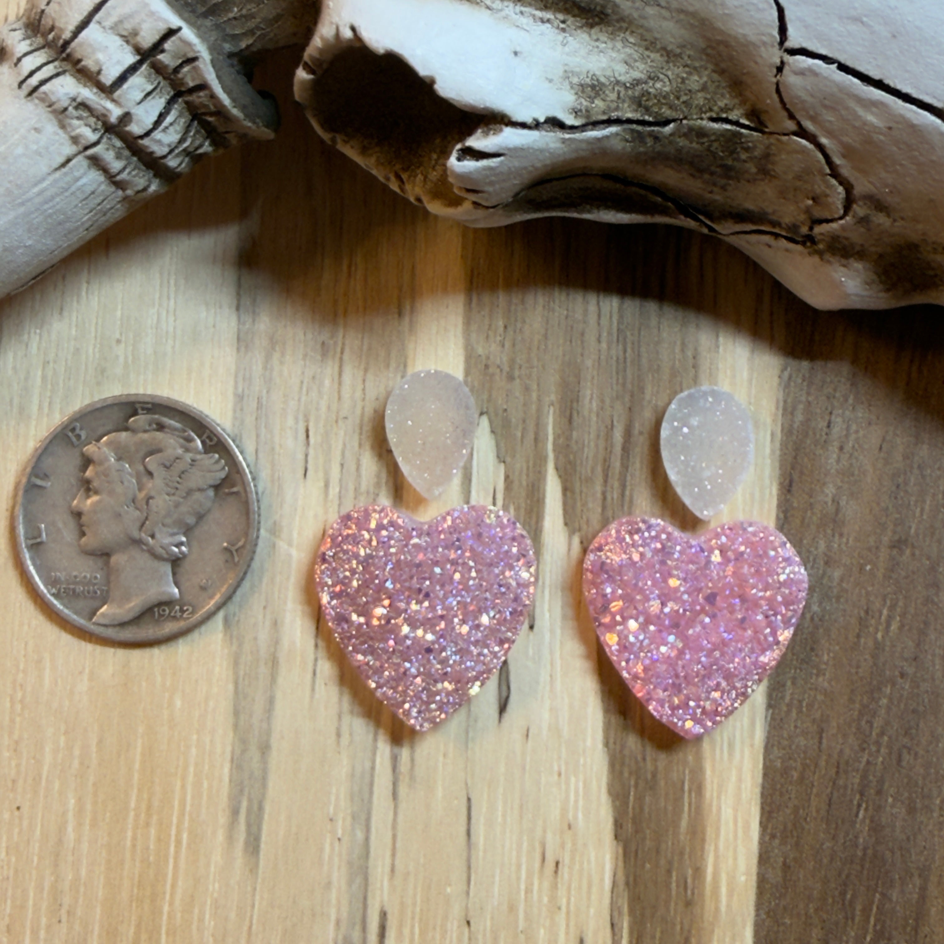 White and Pink Druzy Heart Matching Pair